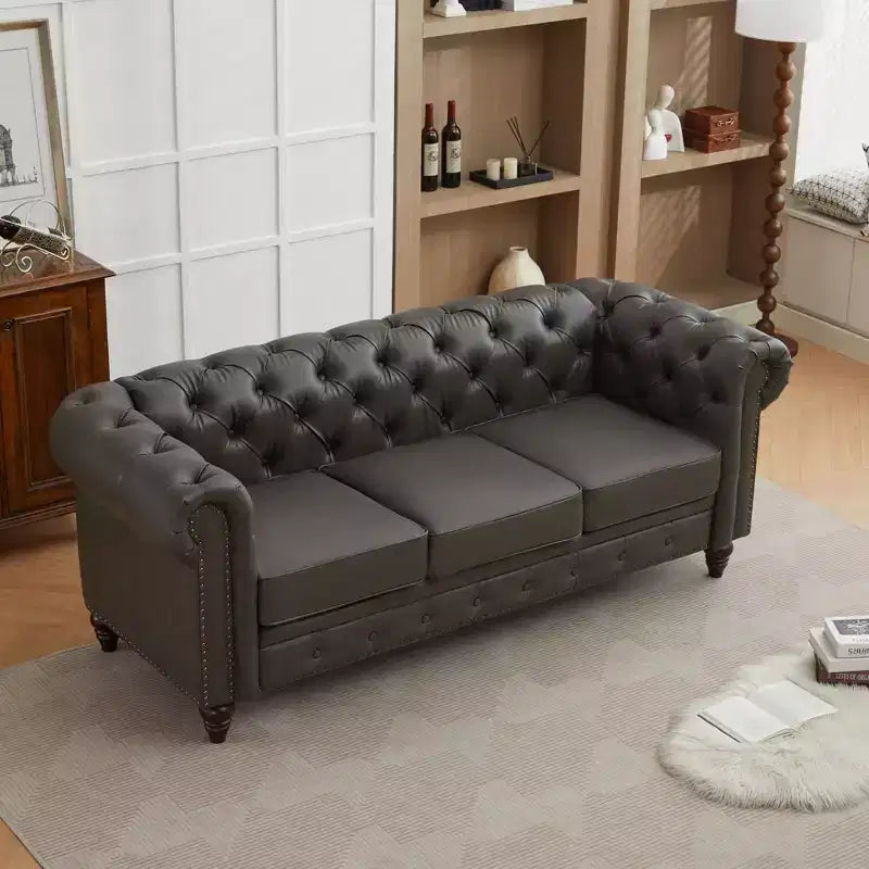 HYLEORY 84 Canapés Chesterfield en cuir pour salon, canapé 3 places à accoudoirs roulés, grand canapé avec boutons profonds et clous pour bureau et appartement