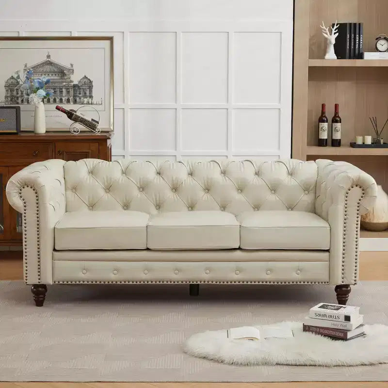 HYLEORY 84 Leather Chesterfield Sofas for Living Room, Rolled Arm 3-Seater Large Couch Deep Button Nailhead Tufted Couches for Office Apartment