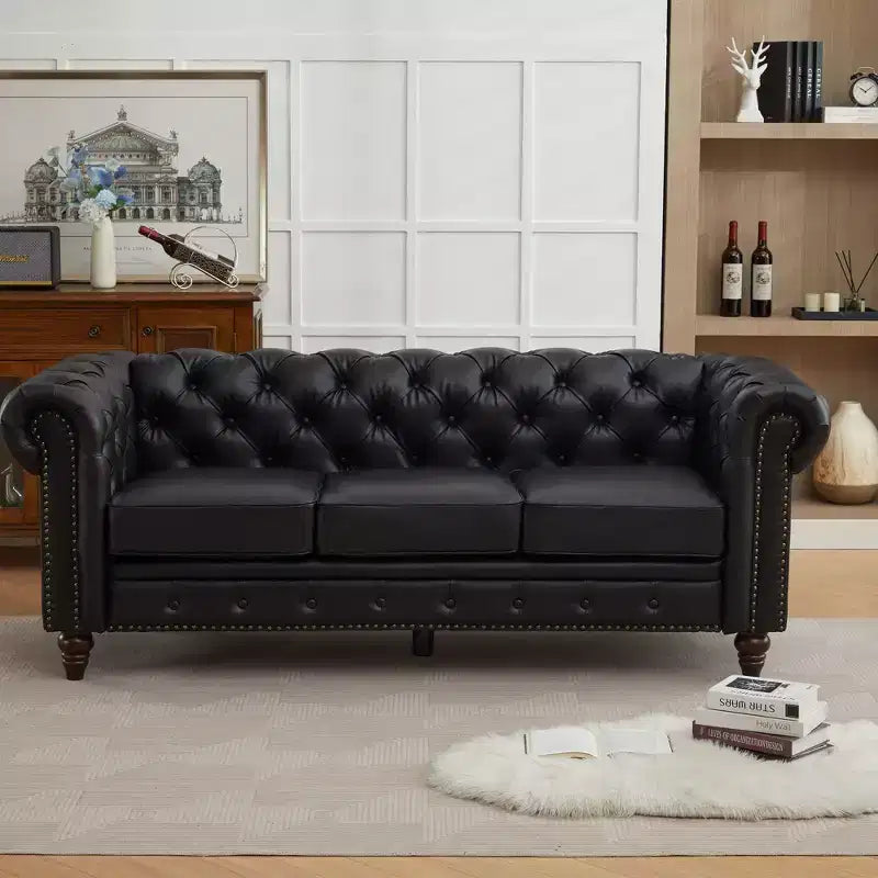 HYLEORY 84 Leather Chesterfield Sofas for Living Room, Rolled Arm 3-Seater Large Couch Deep Button Nailhead Tufted Couches for Office Apartment