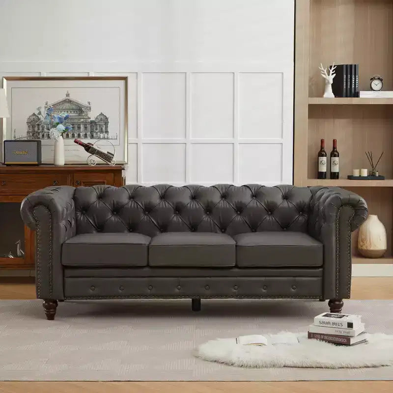 HYLEORY 84 Leather Chesterfield Sofas for Living Room, Rolled Arm 3-Seater Large Couch Deep Button Nailhead Tufted Couches for Office Apartment