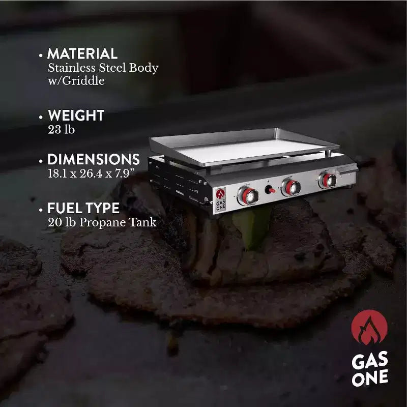 GasOne 3 Burner Flat Top Grill  Auto Ignition Propane Portable Tabletop Gas Grill Premium Stainless Steel Body with Pre Season Griddle and Drip Tray