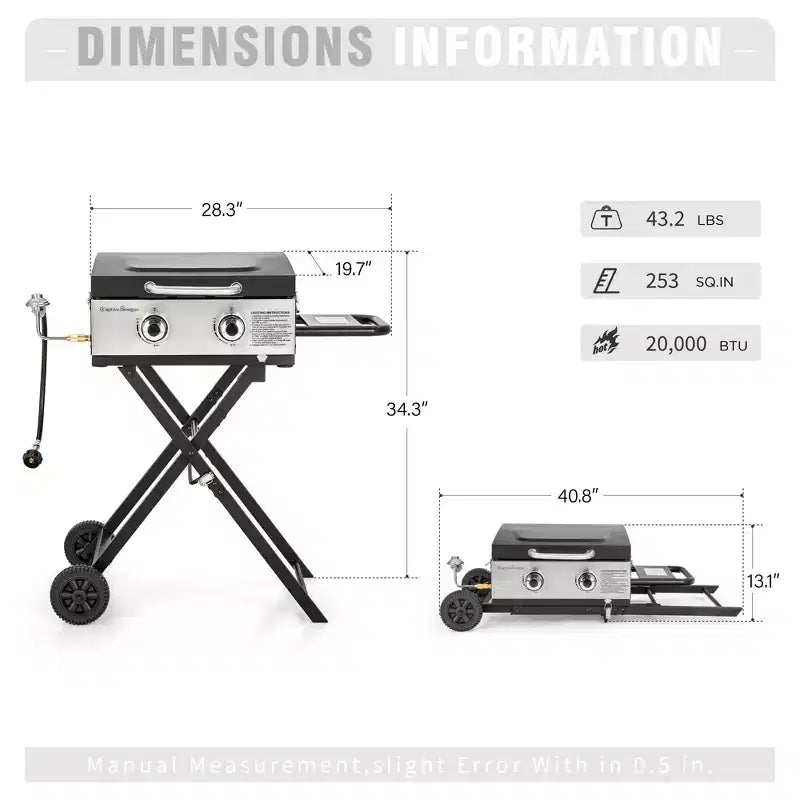 Garden GROTTO 2-Burner Propane BBQ Grill with Cast Iron Griddle - 20,000 BTU for Patio and Backyard
