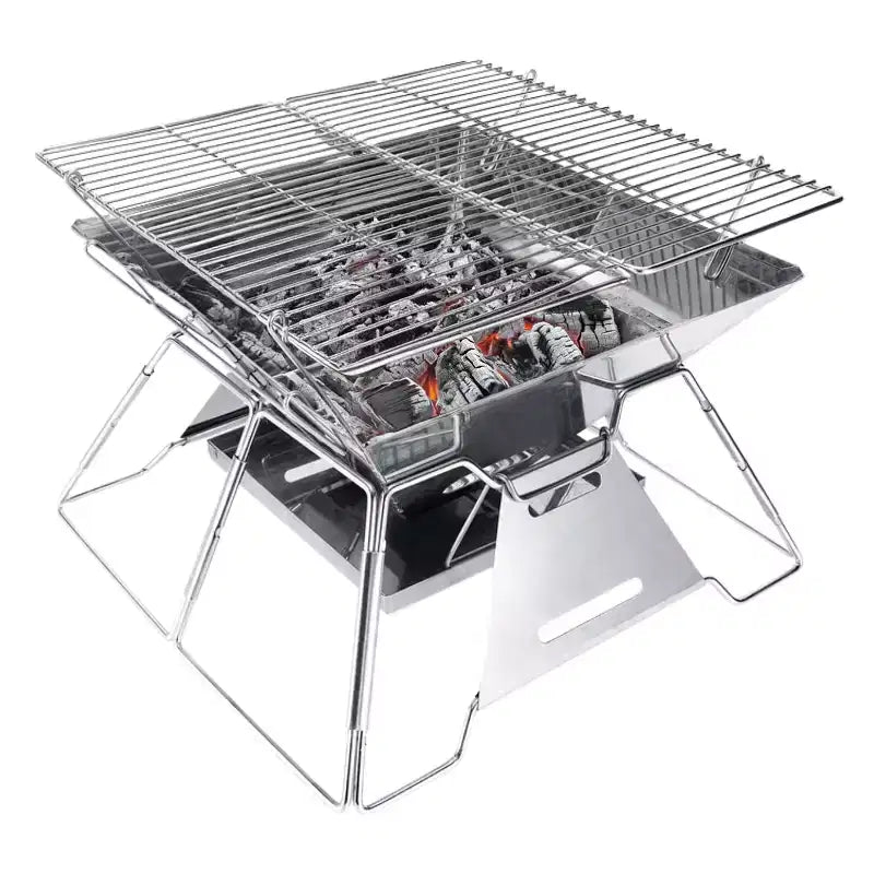 Brentwood 14-In. x 14-In. Stainless Steel Portable Folding Charcoal BBQ Grill and Outdoor Fire Pit with Carry Bag, BB-4X14SS in Silver
