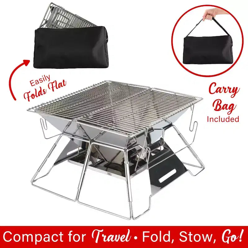 Brentwood Gril barbecue et foyer extérieur portatif pliant en acier inoxydable 14 x 14 po avec sac de transport, BB-4X14SS, argent