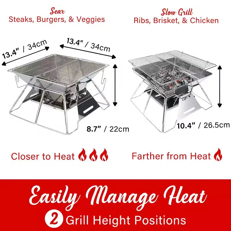 Brentwood Gril barbecue et foyer extérieur portatif pliant en acier inoxydable 14 x 14 po avec sac de transport, BB-4X14SS, argent