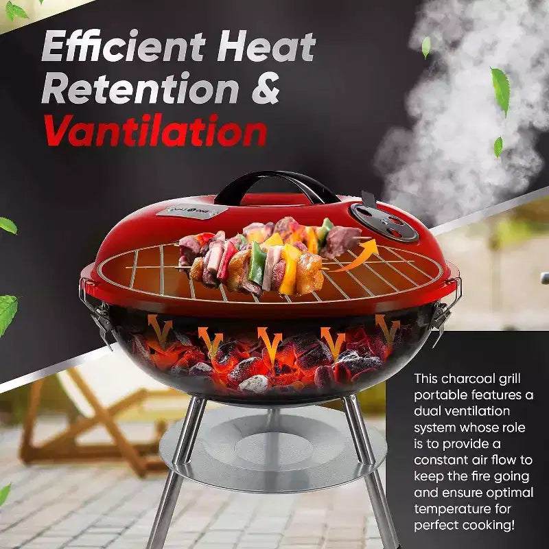 Barbecue portable au charbon de bois GasOne 14 pouces – Gril de barbecue avec couvercle à verrouillage 3 points pour la conservation de la chaleur, système de double ventilation pour jardin, camping, bateau