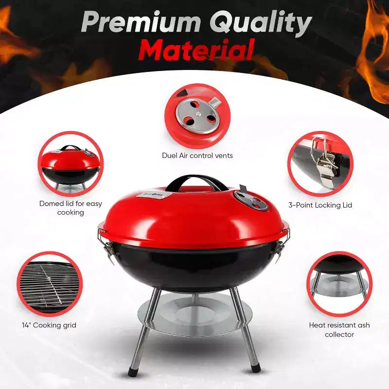 Barbecue portable au charbon de bois GasOne 14 pouces – Gril de barbecue avec couvercle à verrouillage 3 points pour la conservation de la chaleur, système de double ventilation pour jardin, camping, bateau
