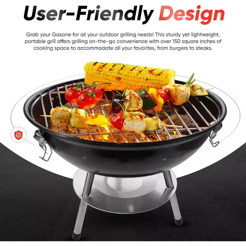 Barbecue portable au charbon de bois GasOne 14 pouces – Gril de barbecue avec couvercle à verrouillage 3 points pour la conservation de la chaleur, système de double ventilation pour jardin, camping, bateau