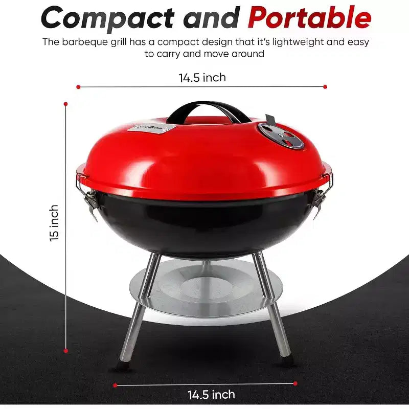 Barbecue portable au charbon de bois GasOne 14 pouces – Gril de barbecue avec couvercle à verrouillage 3 points pour la conservation de la chaleur, système de double ventilation pour jardin, camping, bateau