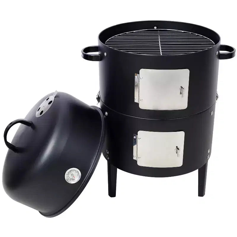 Fumoir de barbecue au charbon de bois, Gril vertical portable avec thermomètre intégré, Barbecue rond avec porte d'accès pour la cuisson en extérieur et les fêtes de camping
