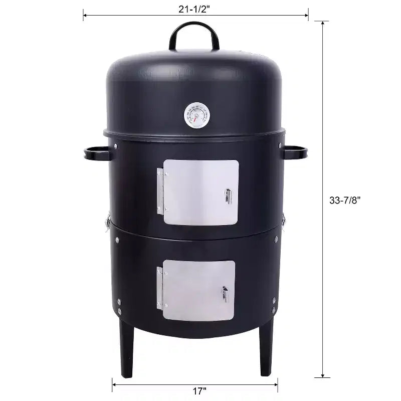 Fumoir de barbecue au charbon de bois, Gril vertical portable avec thermomètre intégré, Barbecue rond avec porte d'accès pour la cuisson en extérieur et les fêtes de camping