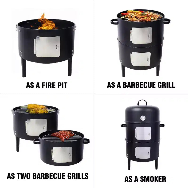 Fumoir de barbecue au charbon de bois, Gril vertical portable avec thermomètre intégré, Barbecue rond avec porte d'accès pour la cuisson en extérieur et les fêtes de camping