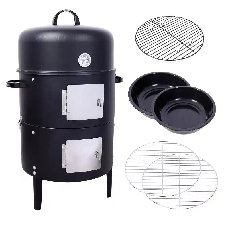 Charcoal BBQ Smoker, Portable Vertical Grill Cooker With Built-in Thermometer, Round BBQ Grill with Access Door for Backyard Cooking Camping Parties