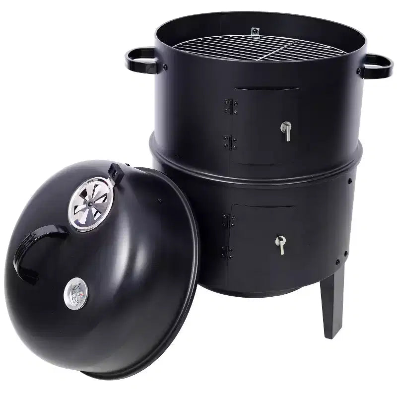 Fumoir de barbecue au charbon de bois, Gril vertical portable avec thermomètre intégré, Barbecue rond avec porte d'accès pour la cuisson en extérieur et les fêtes de camping