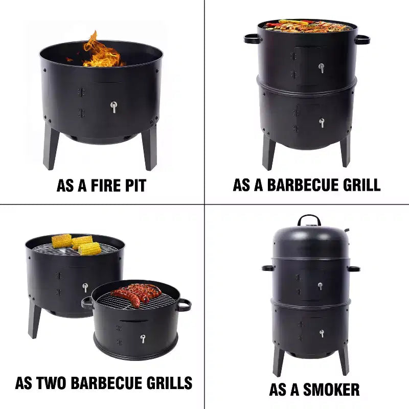 Fumoir de barbecue au charbon de bois, Gril vertical portable avec thermomètre intégré, Barbecue rond avec porte d'accès pour la cuisson en extérieur et les fêtes de camping