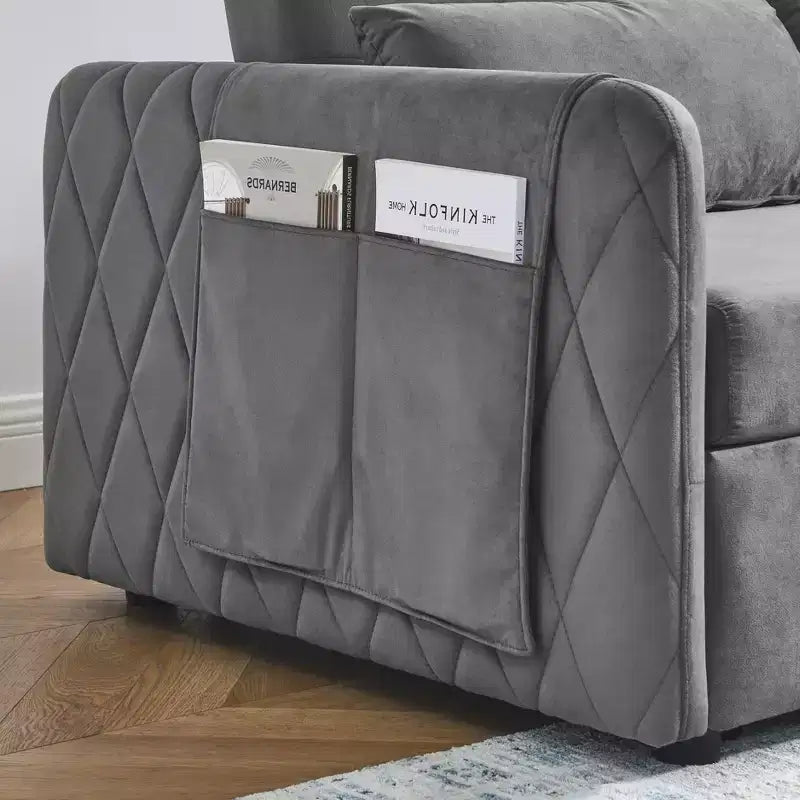 MAYEERTY 55 Modern Convertible Sofa Bed Velvet Loveseat 2 Detachable Arm Pockets Pull Out Bed 2 Pillows Adjustable Backrest Grid Armrests