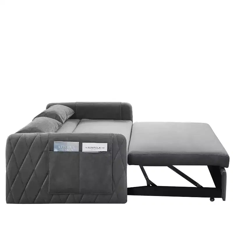 MAYEERTY 55 Modern Convertible Sofa Bed Velvet Loveseat 2 Detachable Arm Pockets Pull Out Bed 2 Pillows Adjustable Backrest Grid Armrests