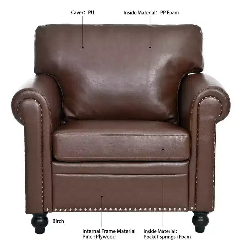 Canapé Chesterfield classique de 84 pouces de large en similicuir, canapé 3 places/1 place avec accoudoirs roulés et garniture cloutée pour le salon ou le bureau ModernLuxe