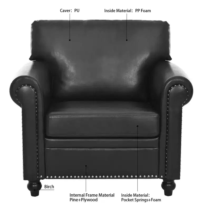 Canapé Chesterfield classique de 84 pouces de large en similicuir, canapé 3 places/1 place avec accoudoirs roulés et garniture cloutée pour le salon ou le bureau ModernLuxe