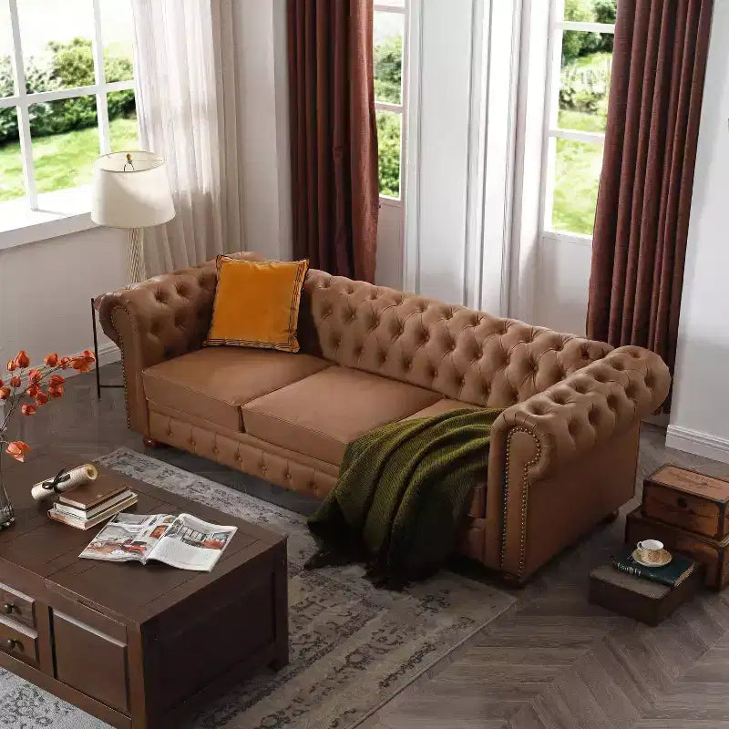 Elegant Chesterfield Technical Leather Sofa, Tufted 3-Seater/2-Seater/1-Seater Couch with Nailhead Trim and Rolled Arms  ModernLuxe