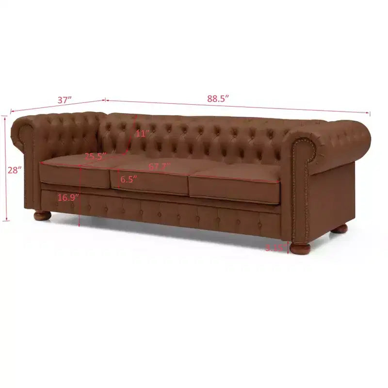 Elegant Chesterfield Technical Leather Sofa, Tufted 3-Seater/2-Seater/1-Seater Couch with Nailhead Trim and Rolled Arms  ModernLuxe