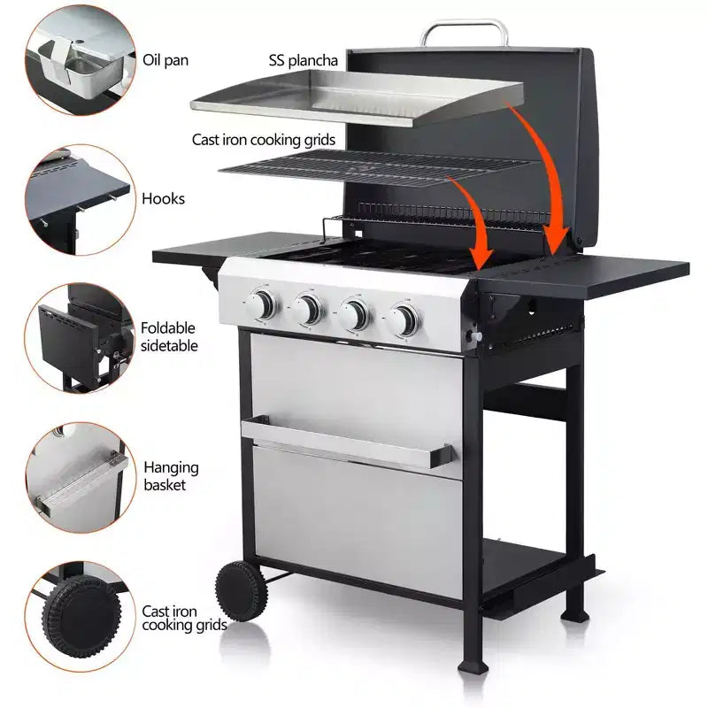 4 Burner Propane Gas BBQ Grill, 49,200 BTU Output Stainless Steel BBQ Grill with Foldable Side Table for Garden Patio Backyard Camping