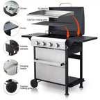 4 Burner Propane Gas BBQ Grill, 49,200 BTU Output Stainless Steel BBQ Grill with Foldable Side Table for Garden Patio Backyard Camping