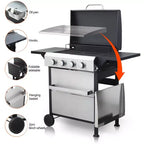 4 Burner Propane Gas BBQ Grill, 49,200 BTU Output Stainless Steel BBQ Grill with Foldable Side Table for Garden Patio Backyard Camping