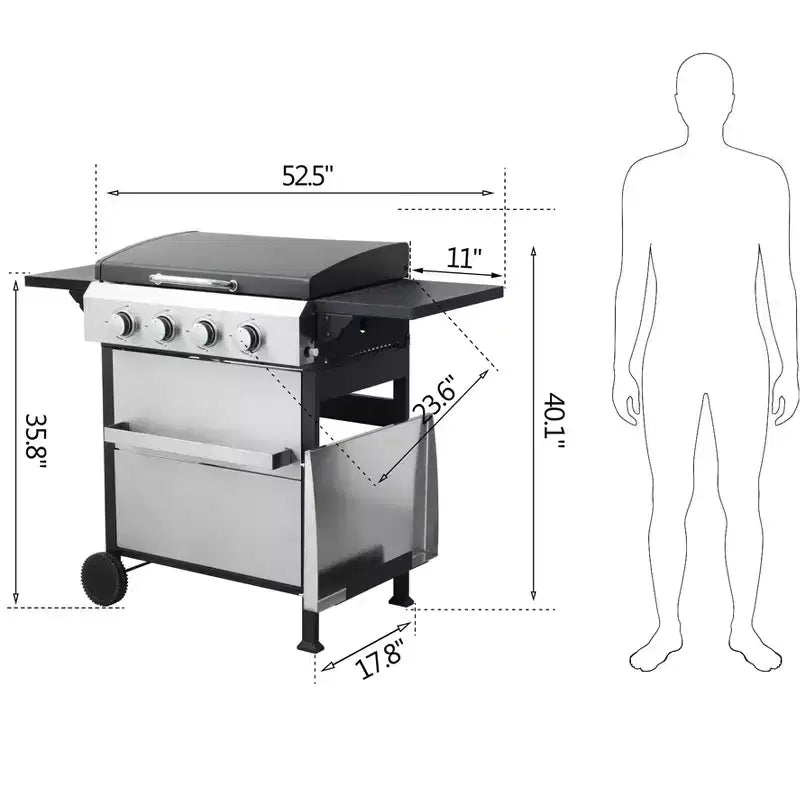 4 Burner Propane Gas BBQ Grill, 49,200 BTU Output Stainless Steel BBQ Grill with Foldable Side Table for Garden Patio Backyard Camping