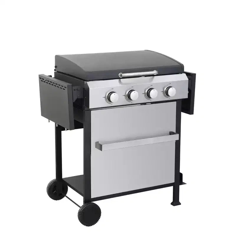 4 Burner Propane Gas BBQ Grill, 49,200 BTU Output Stainless Steel BBQ Grill with Foldable Side Table for Garden Patio Backyard Camping