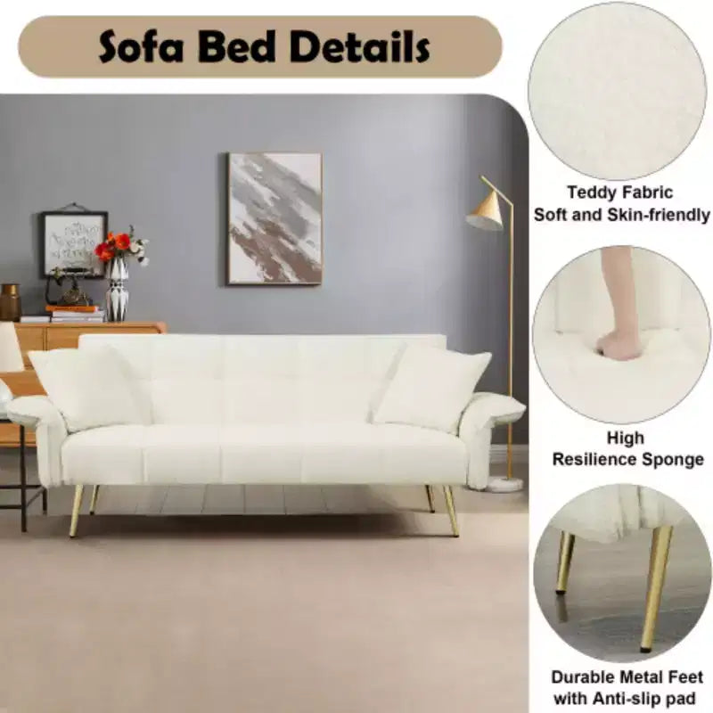 Modern Love Sofa: 70 Teddy Fleece Futon with Adjustable Arms, Convertible Bed