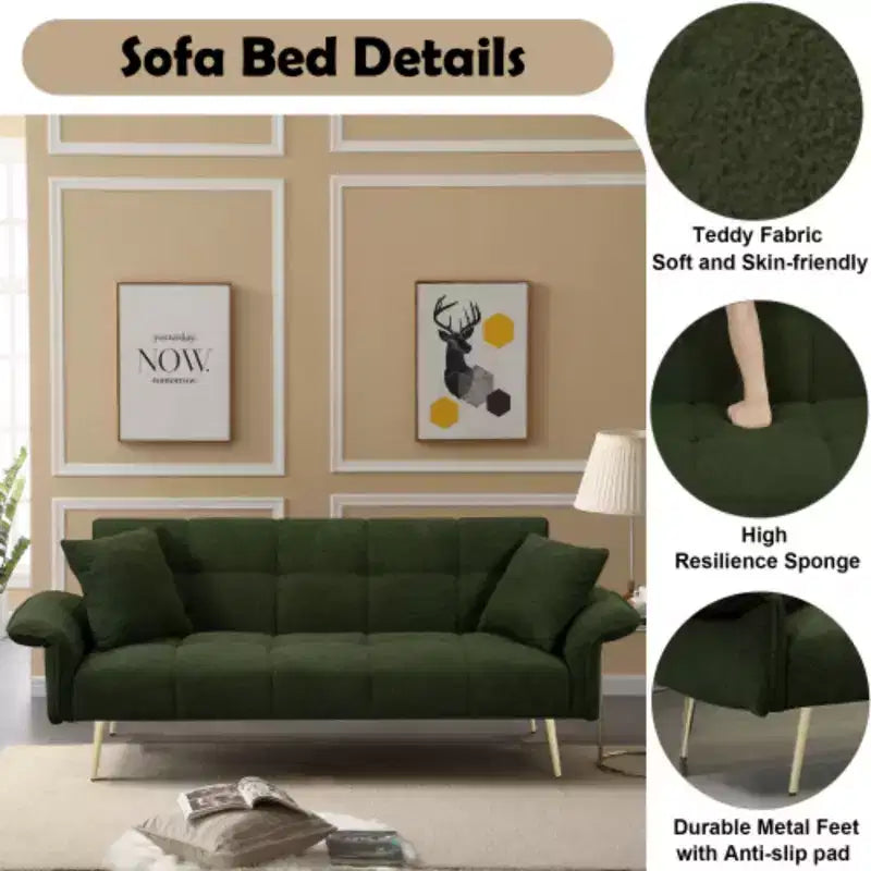 Modern Love Sofa: 70 Teddy Fleece Futon with Adjustable Arms, Convertible Bed