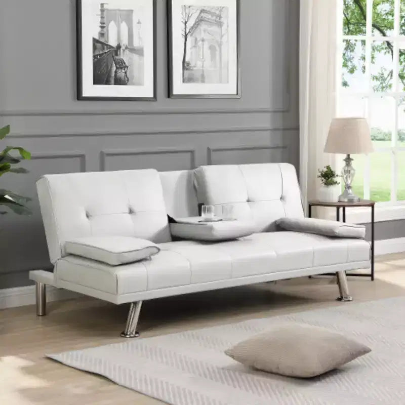 Sofa Bed with Armrest, Wood Frame, Two Holders, Stainless Steel Legs
