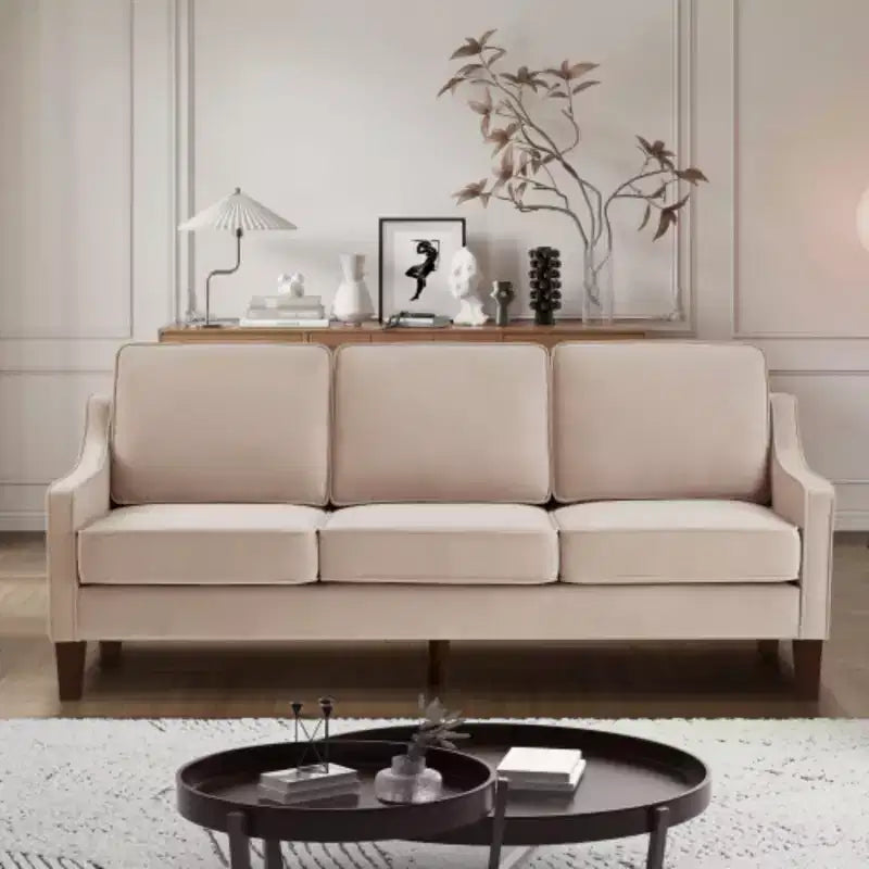 Contemporary 3-Person Sofa: Navy Velvet, Scooped Armrests, Wood Legs, Washable Cushions