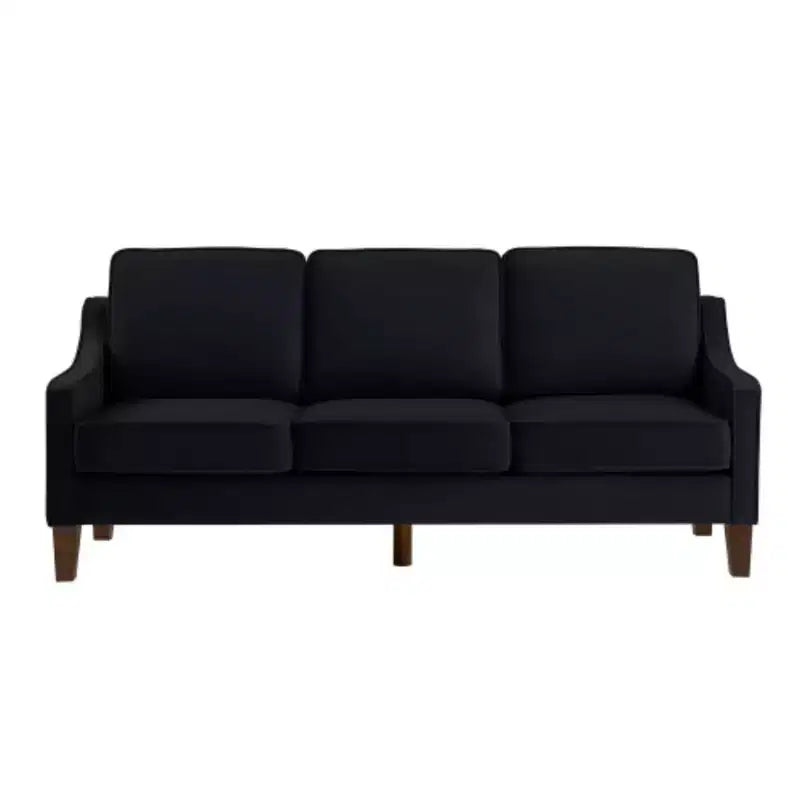 Contemporary 3-Person Sofa: Navy Velvet, Scooped Armrests, Wood Legs, Washable Cushions