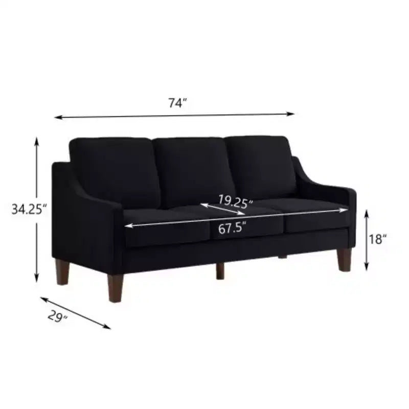 Contemporary 3-Person Sofa: Navy Velvet, Scooped Armrests, Wood Legs, Washable Cushions