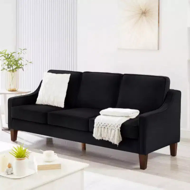 Contemporary 3-Person Sofa: Navy Velvet, Scooped Armrests, Wood Legs, Washable Cushions