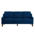 Contemporary 3-Person Sofa: Navy Velvet, Scooped Armrests, Wood Legs, Washable Cushions