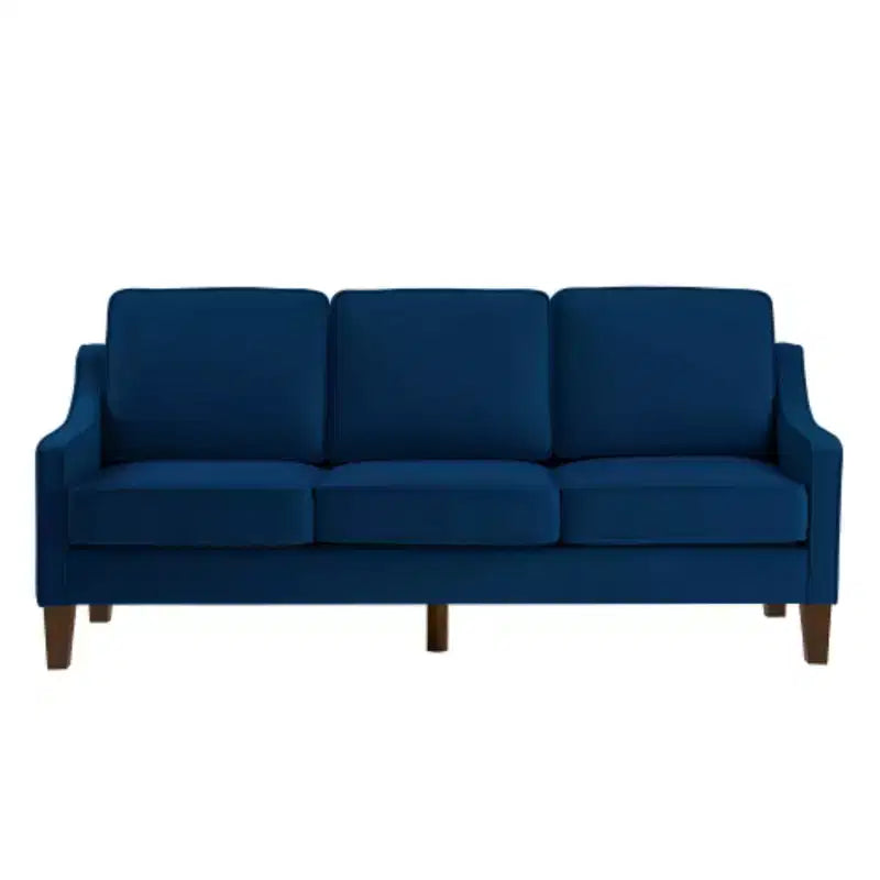 Contemporary 3-Person Sofa: Navy Velvet, Scooped Armrests, Wood Legs, Washable Cushions