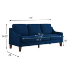 Contemporary 3-Person Sofa: Navy Velvet, Scooped Armrests, Wood Legs, Washable Cushions