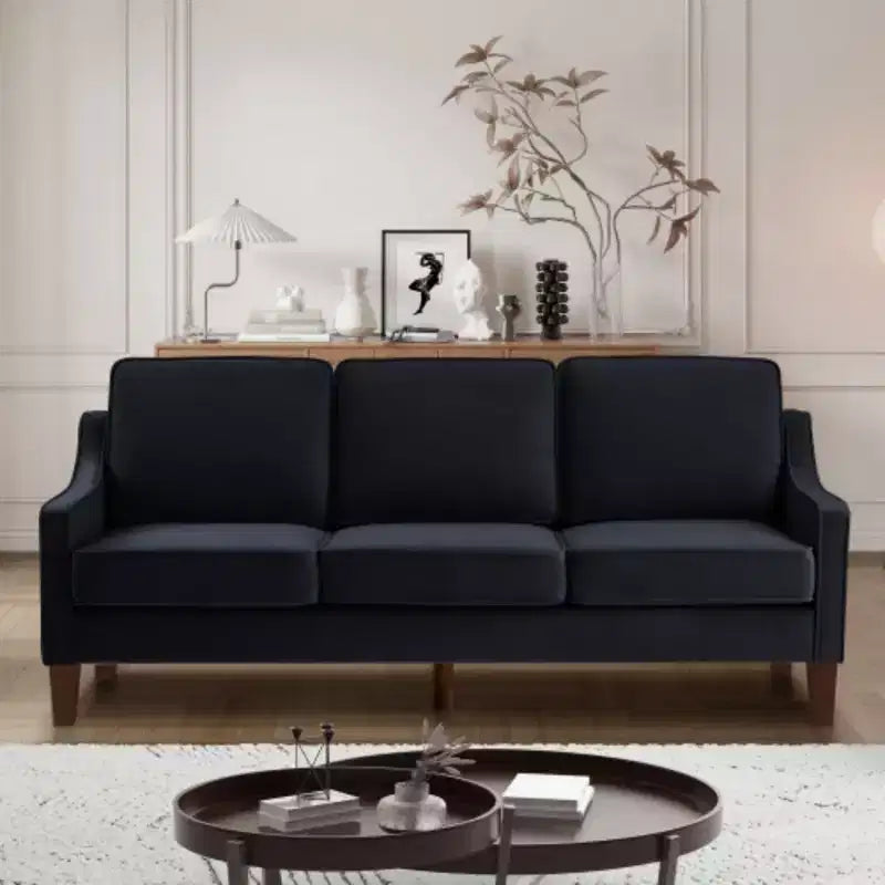 Contemporary 3-Person Sofa: Navy Velvet, Scooped Armrests, Wood Legs, Washable Cushions