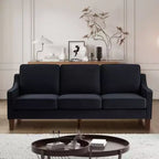 Contemporary 3-Person Sofa: Navy Velvet, Scooped Armrests, Wood Legs, Washable Cushions
