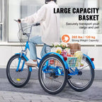 VEVOR Folding Adult Tricycle, 24-Inch 7-Speed Adult Folding Trikes, Carbon Steel 3 Wheel Cruiser Bike with Basket & Adjustable Seat