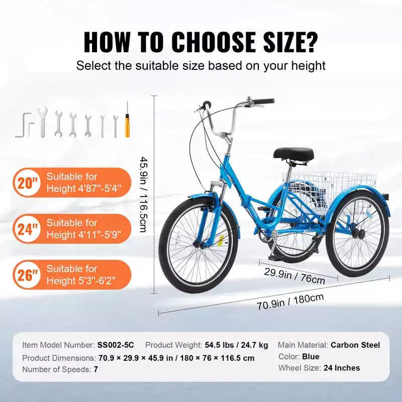 VEVOR Folding Adult Tricycle, 24-Inch 7-Speed Adult Folding Trikes, Carbon Steel 3 Wheel Cruiser Bike with Basket & Adjustable Seat