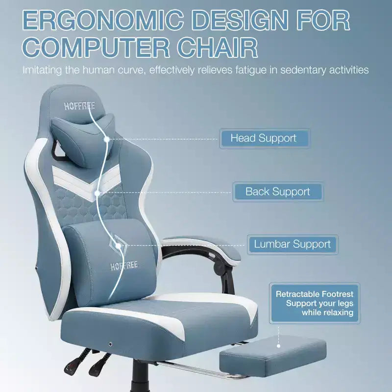 Hoffree Breathable Fabric Massage Gaming Chair Ergonomic Office PC Chair with Footrest & Adjustable