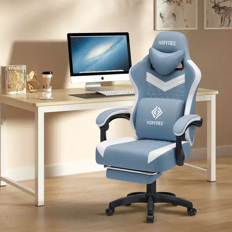Hoffree Breathable Fabric Massage Gaming Chair Ergonomic Office PC Chair with Footrest & Adjustable