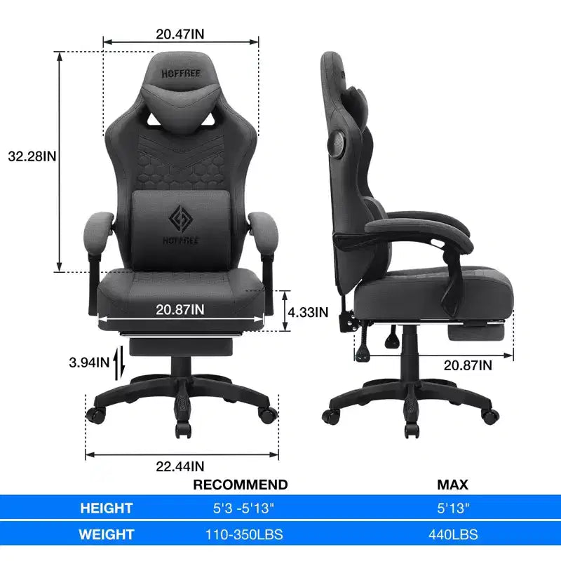 Hoffree Breathable Fabric Massage Gaming Chair Ergonomic Office PC Chair with Footrest & Adjustable
