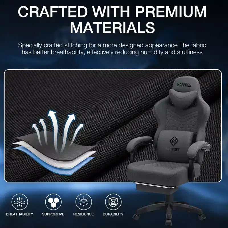 Hoffree Breathable Fabric Massage Gaming Chair Ergonomic Office PC Chair with Footrest & Adjustable