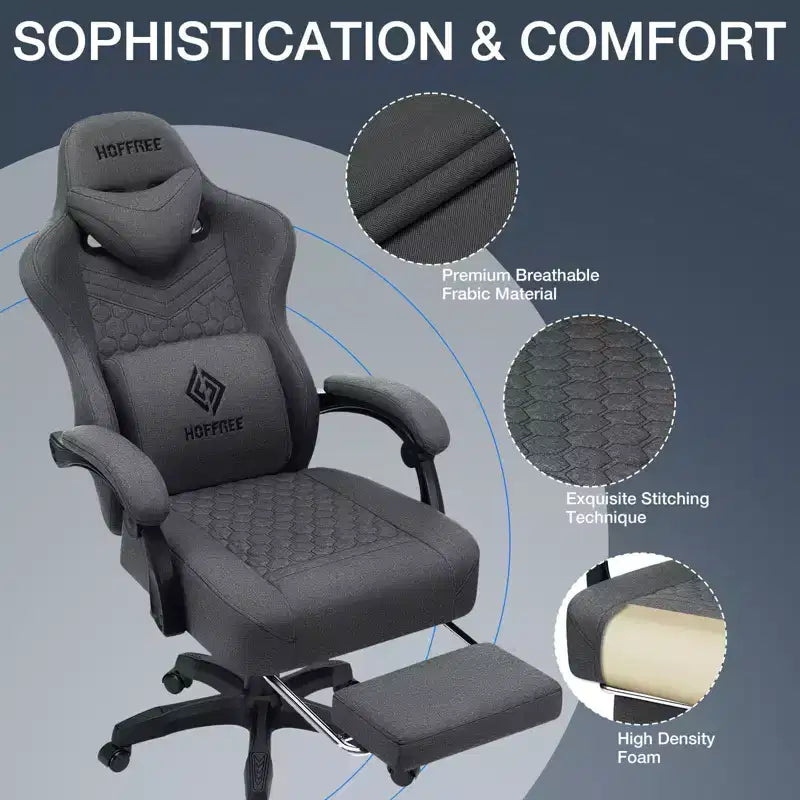 Hoffree Breathable Fabric Massage Gaming Chair Ergonomic Office PC Chair with Footrest & Adjustable