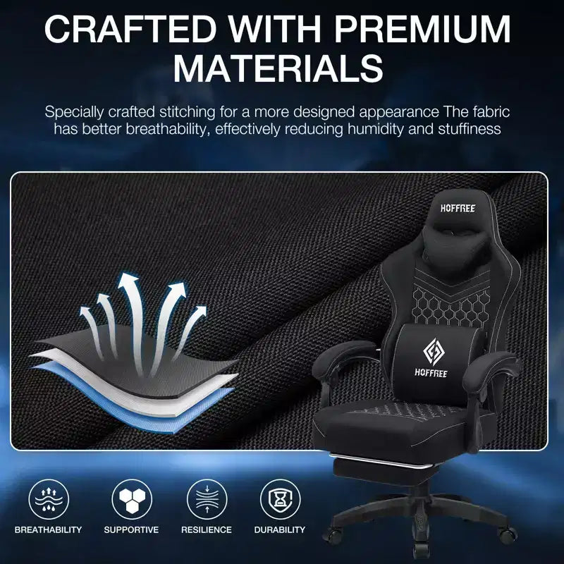 Hoffree Breathable Fabric Massage Gaming Chair Ergonomic Office PC Chair with Footrest & Adjustable